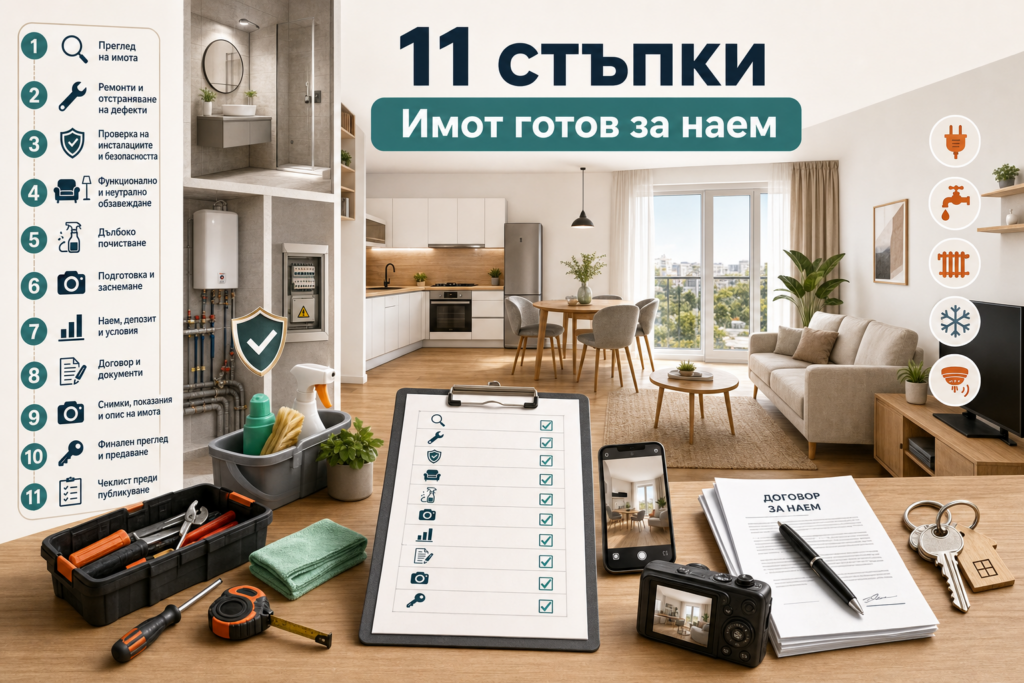 Инфографично представяне на 11 стъпки за подготовка на имот за отдаване под наем