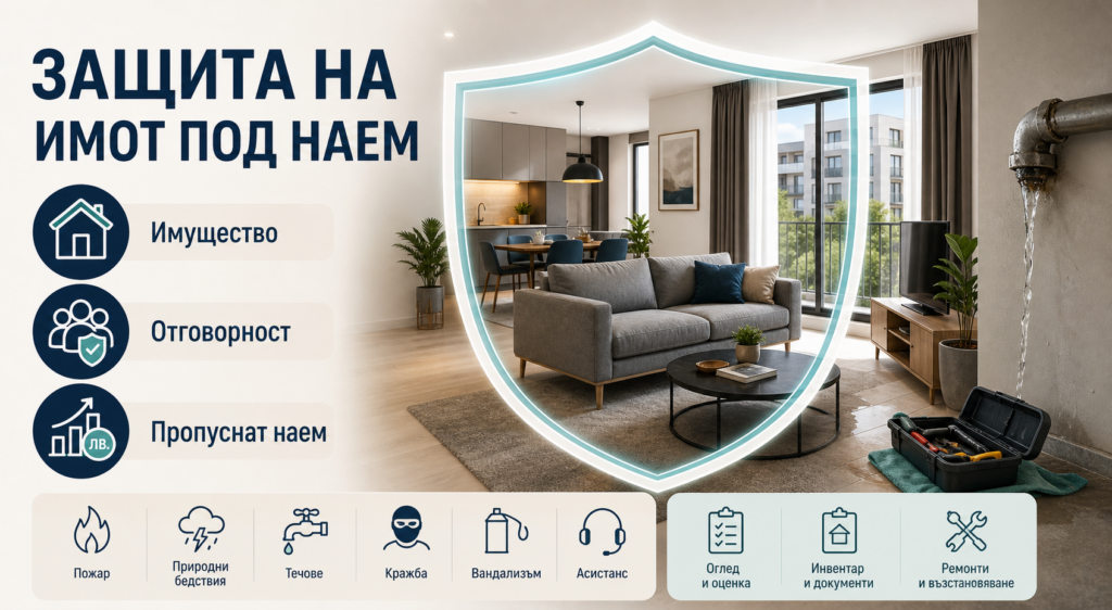 Инфографична защита на отдаван под наем апартамент с покрития за имущество, отговорност и пропуснат наем